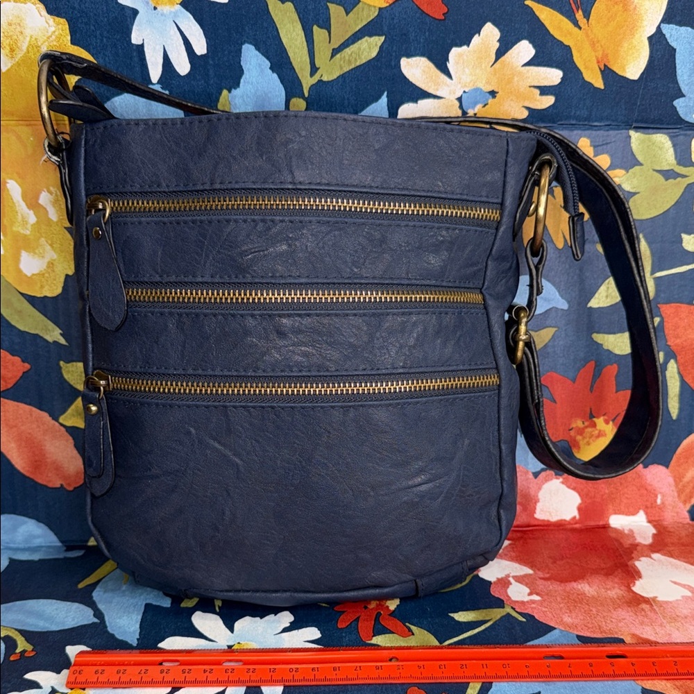 Bueno Dark Blue Crossbody Bag with Gold Accents